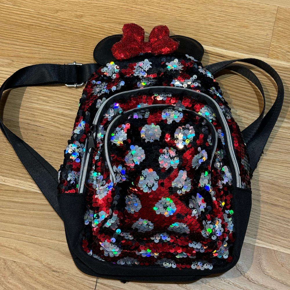 Disney Parks Minnie Mouse Reversible Sequined Mini Backpack RED/BLACK White Dots